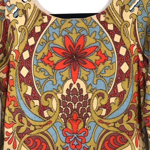 Joyous & Free Paisley Beaded 3/4 Sleeve Scoop Back Stretch Knit Shift Dress XS - Picture 3 of 14